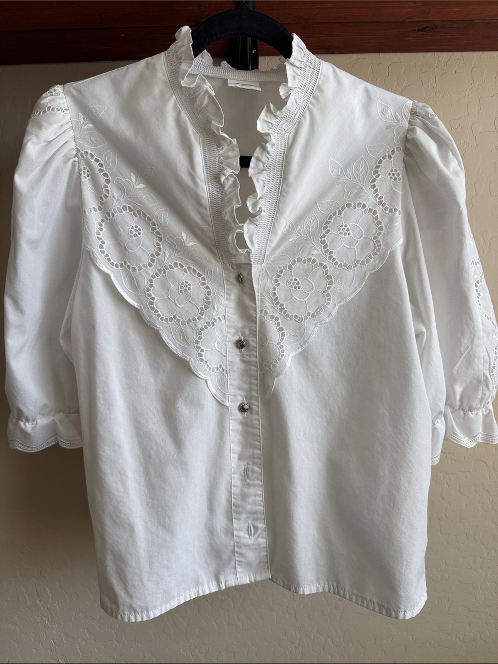 Original Alpen Trachten- White Eyelet Ruffle Front Women's Top
